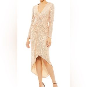 Mac Duggal IEENA Sequin Knotted Long Sleeve Midi Rose Gold Dress Sze 2 NEW 26549